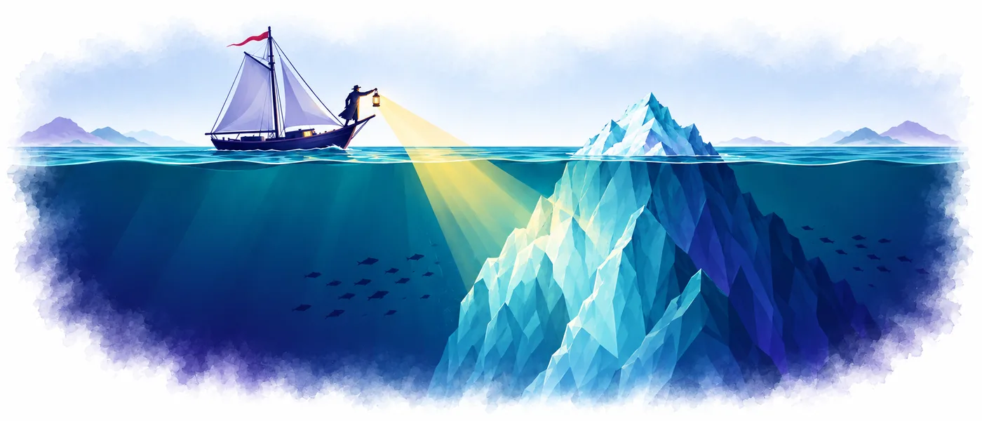 A navigator on a sailing ship shines a lantern beam under the water and reveals the large hidden part of an iceberg